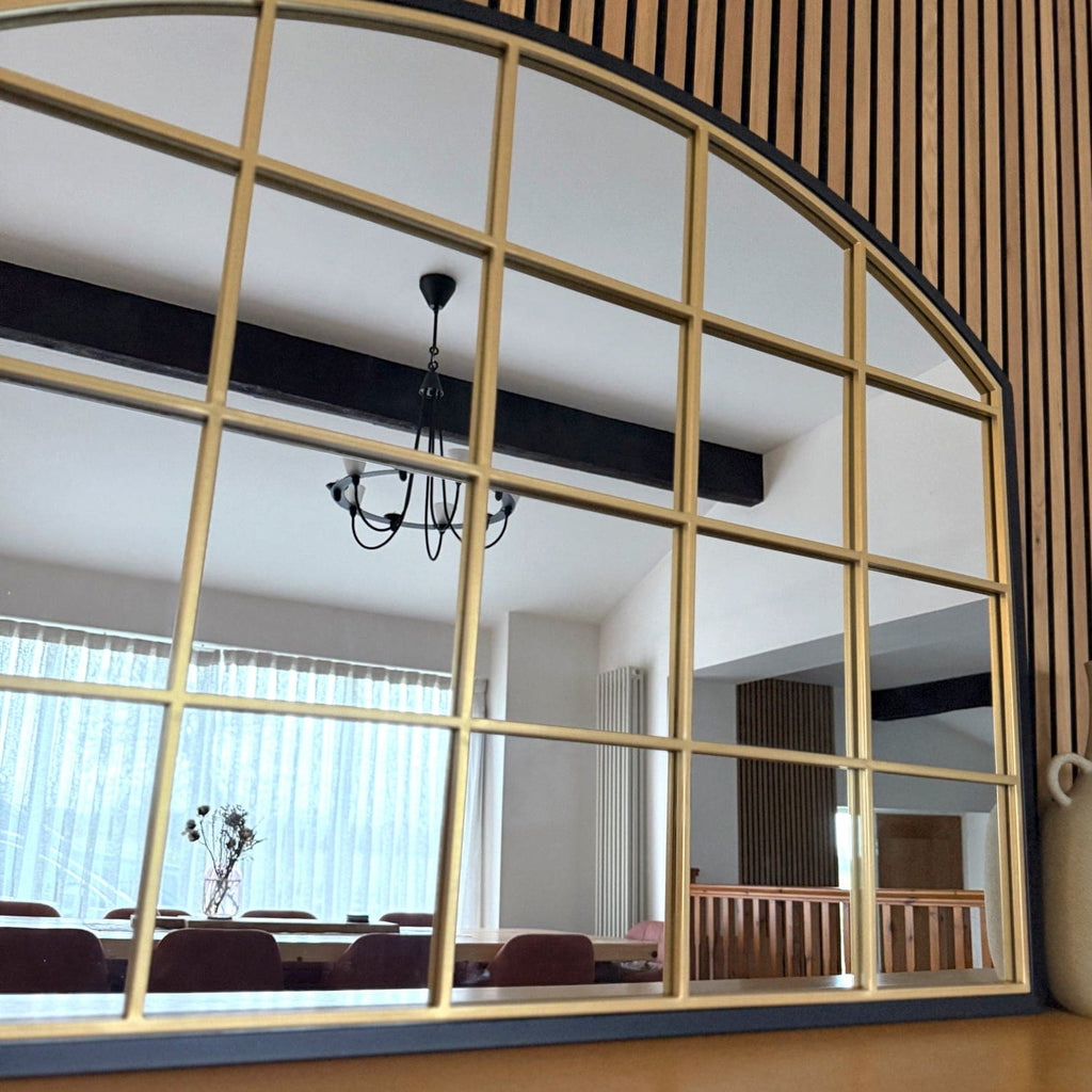 Tomi - Black & Gold Metal Arched Lattice Window Mirror - 95cm x 120cm-3