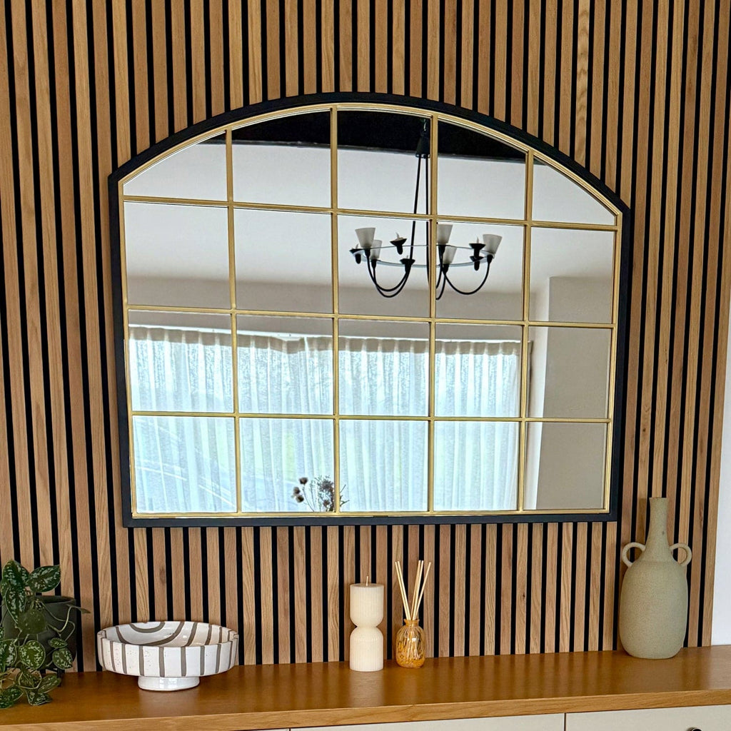 Tomi - Black & Gold Metal Arched Lattice Window Mirror - 95cm x 120cm-0