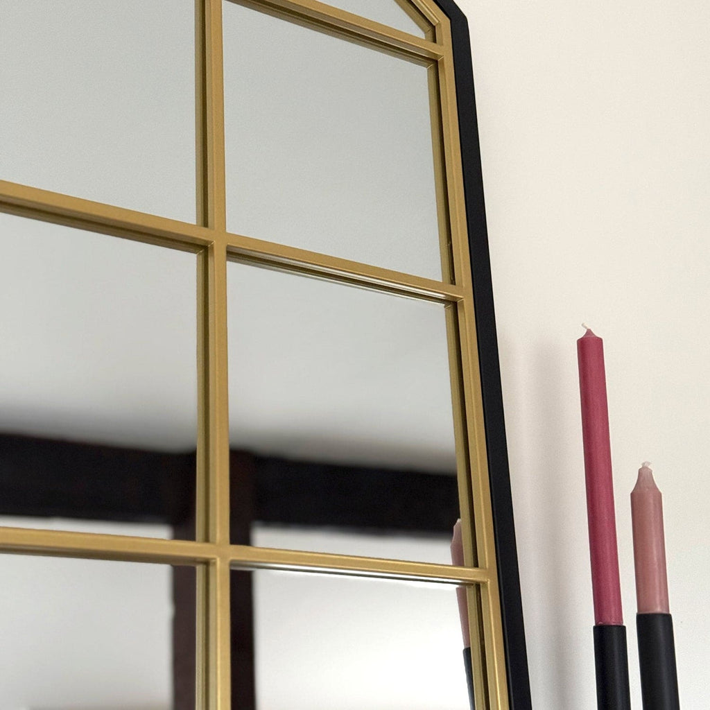 Tomi - Full Length Black & Gold Metal Arched Lattice Window Mirror - 180cm x 105cm-3